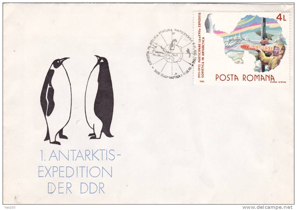 PINGUINS, 1990, SPECIAL COVER, OBLITERATION CONCORDANTE, ROMANIA - Penguins