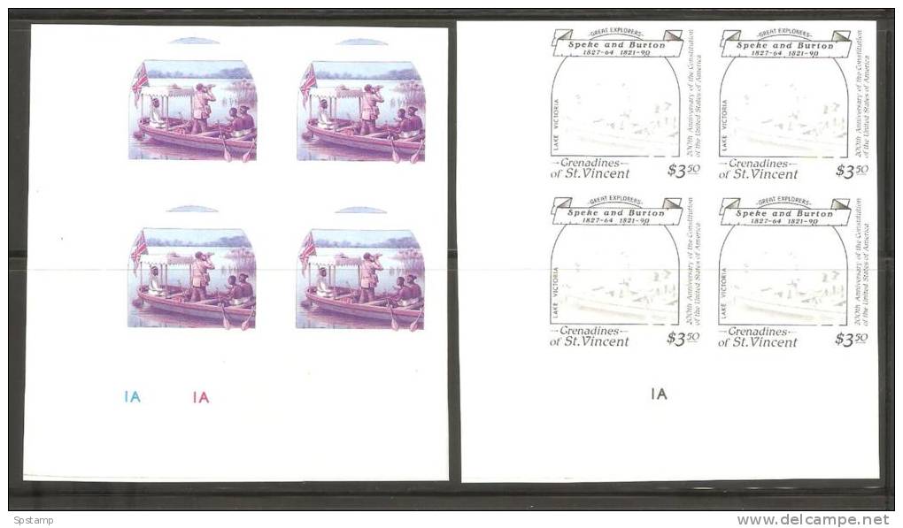 St Vincent Grenadines 1988 $3.50 Explorers Speke Imperforate Colour Separation Proofs In Plate Number Blocks 4 MNH - St.Vincent & Grenadines