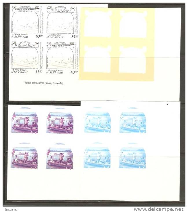 St Vincent Grenadines 1988 $3.50 Explorers Speke Burton 6 X Imperforate Colour Separation Proofs Matched Blocks 4 MNH - St.Vincent Y Las Granadinas