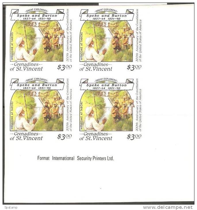 St Vincent Grenadines 1988 $3 Explorer Speke Burton Lake Victoria Imperforate Proof In Imprint Block 4 MNH - St.Vincent Und Die Grenadinen