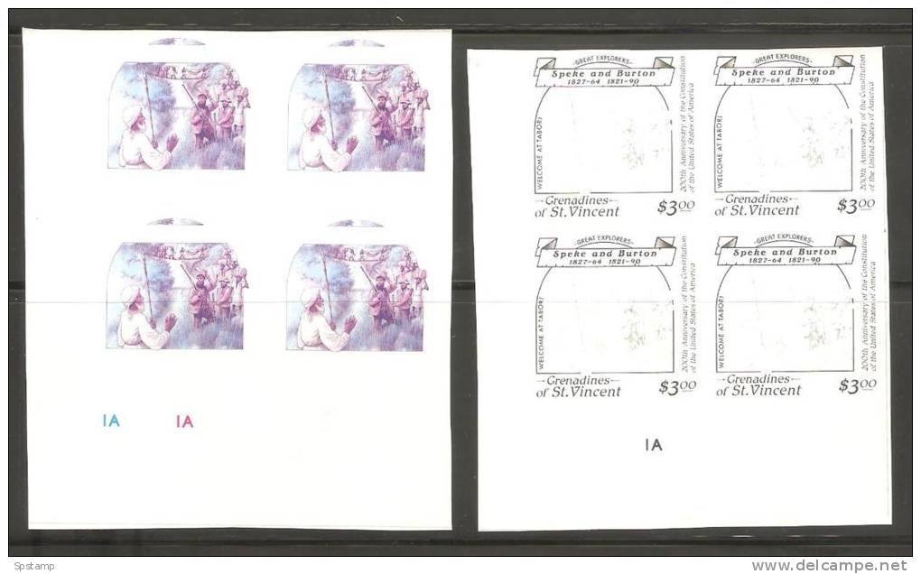 St Vincent Grenadines 1988 $3 Explorer Speke Imperforate Colour Separation Proofs X 6 In Plate Number Blocks 4 MNH - St.Vincent Y Las Granadinas