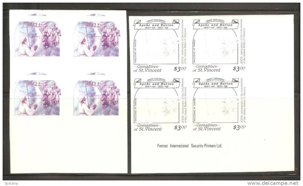 St Vincent Grenadines 1988 $3 Explorer Speke Burton Imperforate Colour Separation Proofs X 6 In  Blocks 4 MNH - St.Vincent Y Las Granadinas