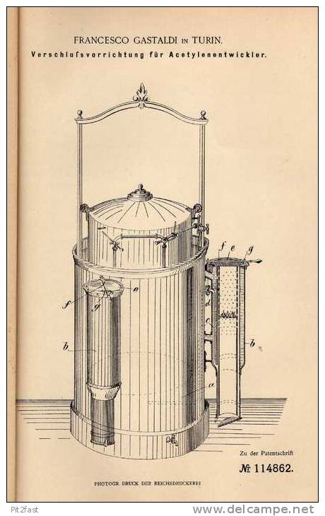 Original Patentschrift - F. Gastaldi In Turin , 1898 , Acetylenentwickler , Acetylen !!! - Macchine