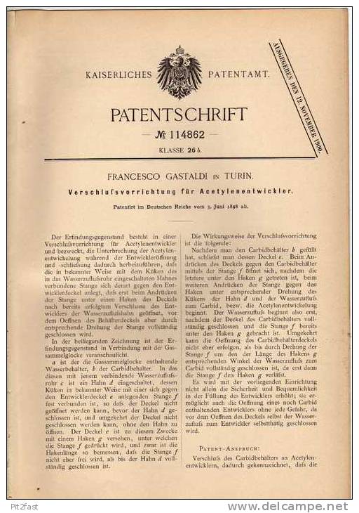 Original Patentschrift - F. Gastaldi In Turin , 1898 , Acetylenentwickler , Acetylen !!! - Macchine
