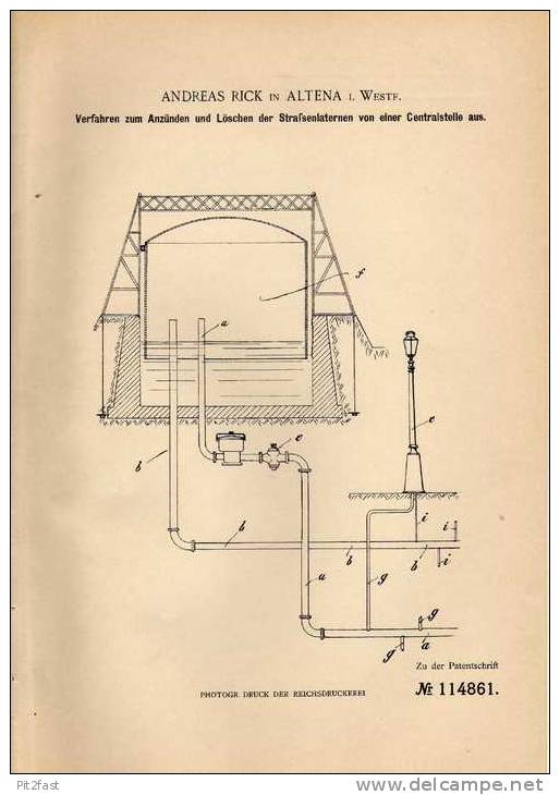 Original Patentschrift - A. Rick In Altena I. Westf., 1900 , Straßenlaternen , Anzünden Und Löschen , Straßenlampe !!! - Lantaarns & Kroonluchters