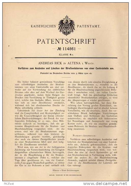 Original Patentschrift - A. Rick In Altena I. Westf., 1900 , Straßenlaternen , Anzünden Und Löschen , Straßenlampe !!! - Leuchten & Kronleuchter