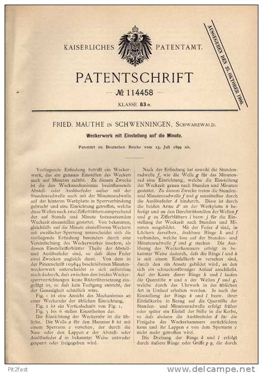 Original Patentschrift - F. Mauthe In Schwenningen , 1899 , Weckerwerk Mit Minuteneinstellung , Uhr , Wecker !!! - Other & Unclassified