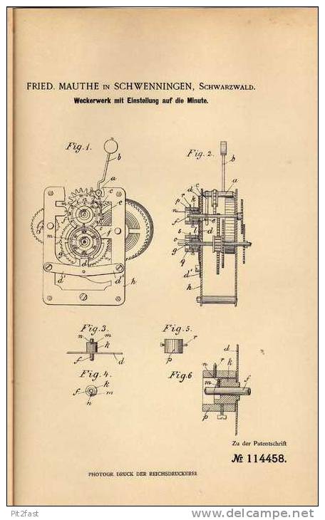 Original Patentschrift - F. Mauthe In Schwenningen , 1899 , Weckerwerk Mit Minuteneinstellung , Uhr , Wecker !!! - Sonstige & Ohne Zuordnung