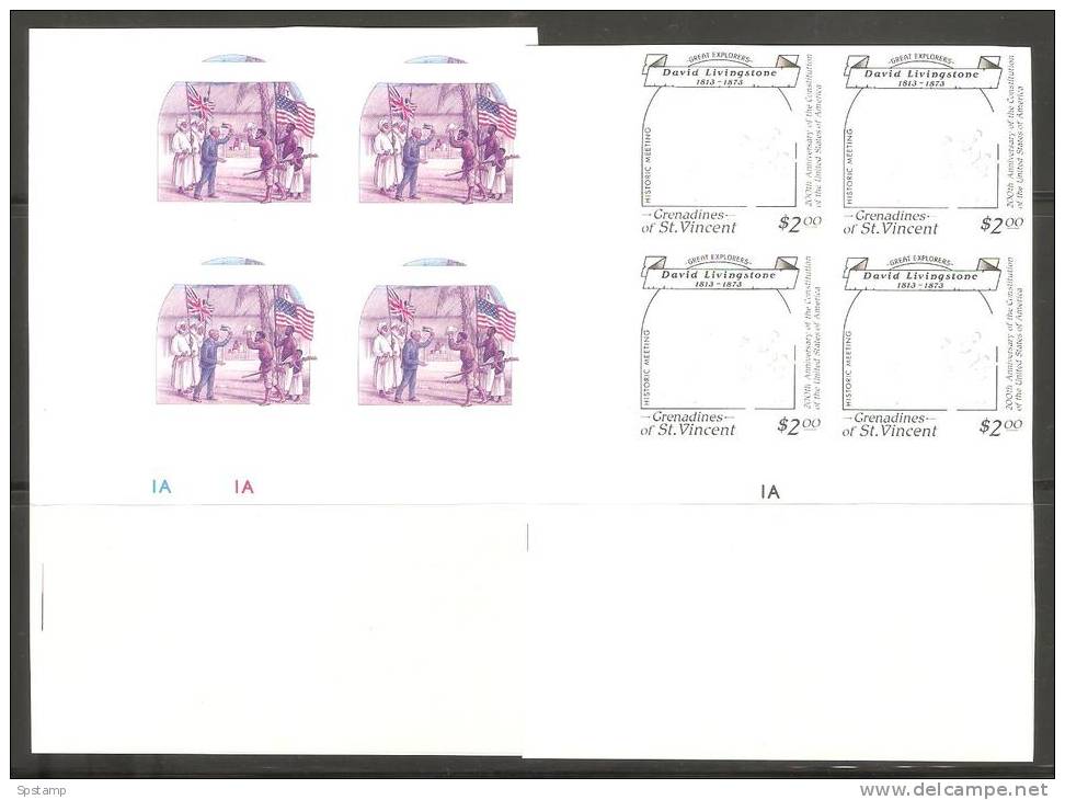 St Vincent Grenadines 1988 $2 Explorer Stanley Livingstone Imperforate Colour Separation Proofs X 6 Blocks 4 MNH - St.Vincent Y Las Granadinas