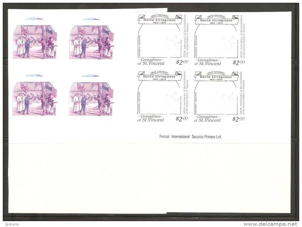 St Vincent Grenadines 1988 $2 Explorers Stanley Livingstone Imperforate Colour Separation Proofs X 6 Blocks 4 MNH - St.Vincent Und Die Grenadinen