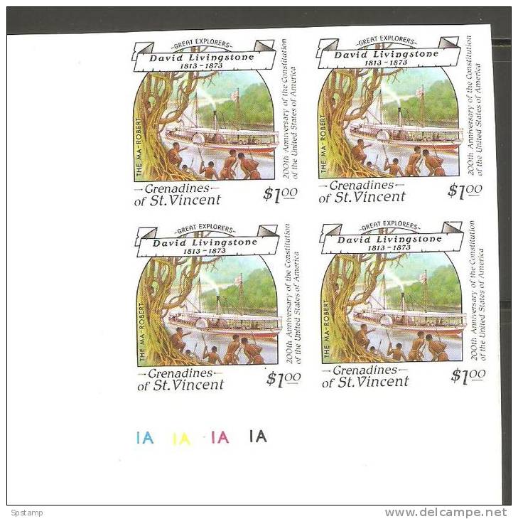 St Vincent Grenadines 1988 $1 Explorers Livingstone & Boat Imperforate Proof Plate Number Block 4 MNH - St.Vincent Y Las Granadinas