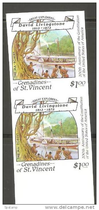 St Vincent Grenadines 1988 $1 Explorer Livingstone & Boat Imperforate Proof Pair MNH - St.Vincent E Grenadine