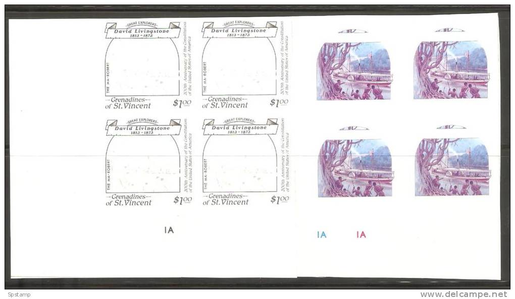 St Vincent Grenadines 1988 $1 Explorers Livingstone & Boat Imperforate Colour Separation Proof Plate # Blocks X 6 MNH - St.Vincent Und Die Grenadinen