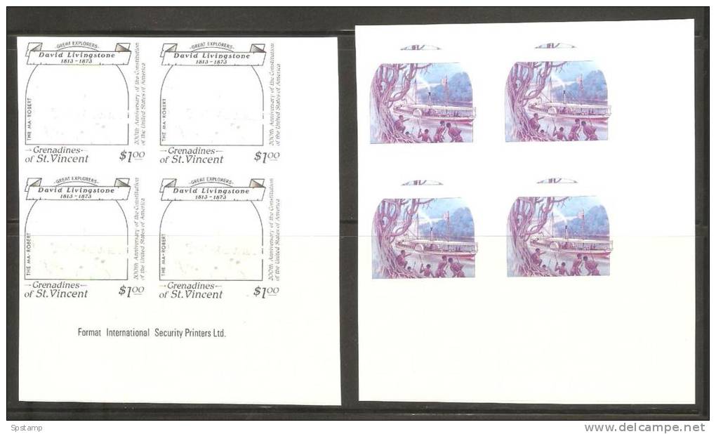 St Vincent Grenadines 1988 $1 Explorer Livingstone & Boat Imperforate Colour Separation Proof Blocks X 6  MNH - St.Vincent & Grenadines