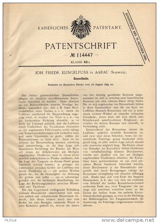 Original Patentschrift - J. Klingelfuss In Aarau , 1899 , Dosenlibelle , Wasserwaage !!! - Outils Anciens