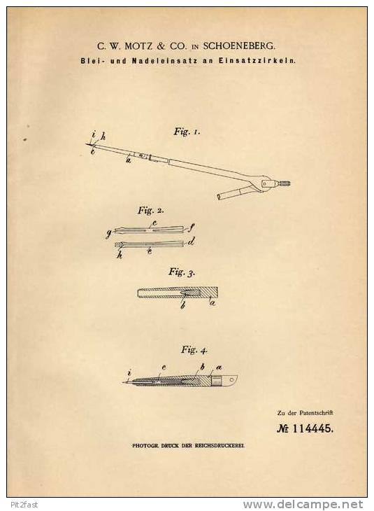 Original Patentschrift - C. Motz & Co In Schoeneberg , 1899 , Zirkel , Geometrie !!! - Other & Unclassified