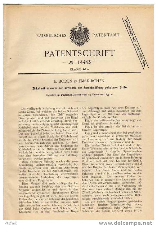 Original Patentschrift - E. Boden In Emskirchen , 1899 , Zirkel , Geometrie !!! - Other & Unclassified