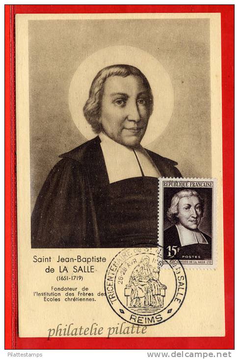 FRANCE SAINT JEAN BAPTISTE DE LA SALLE SUR CARTE MAXIMUM 1ER JOUR DU 28/04/1951 DE REIMS - 1950-1959