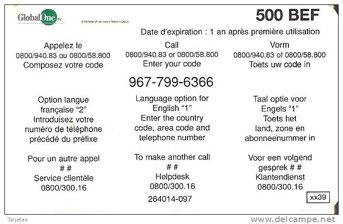 TARJETA DE BELGICA DE GLOBALONE DE 500 BEF   GO! - Cartes GSM, Recharges & Prépayées