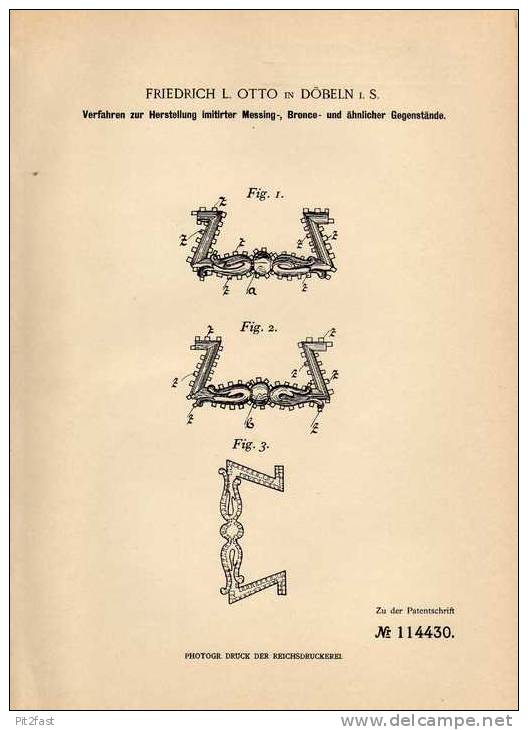 Original Patentschrift - L. Otto In Döbeln I.S., 1900 , Herstellung Von Bronze Und Messing Gegenständen , Schmuck !!! - Bronzes