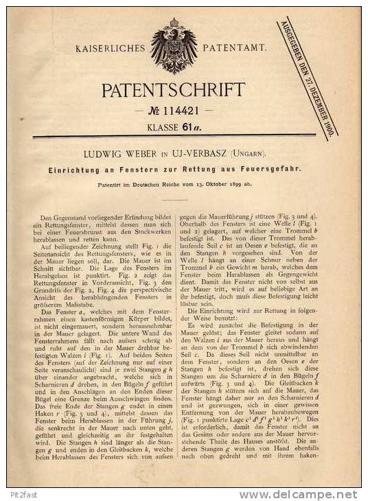 Original Patentschrift - L. Weber In Uj Verbasz , Ungarn , 1899 , Fenster Zur Rettung Bei Feuer , Feuerwehr , Brand !!! - Arquitectura