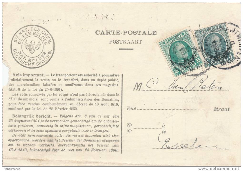 164/19 - Carte SNCB TP Service Houyoux Bicolore ANTWERPEN 1930 - Verso Griffe De Gare Station STUYVENBERG - Cartas & Documentos