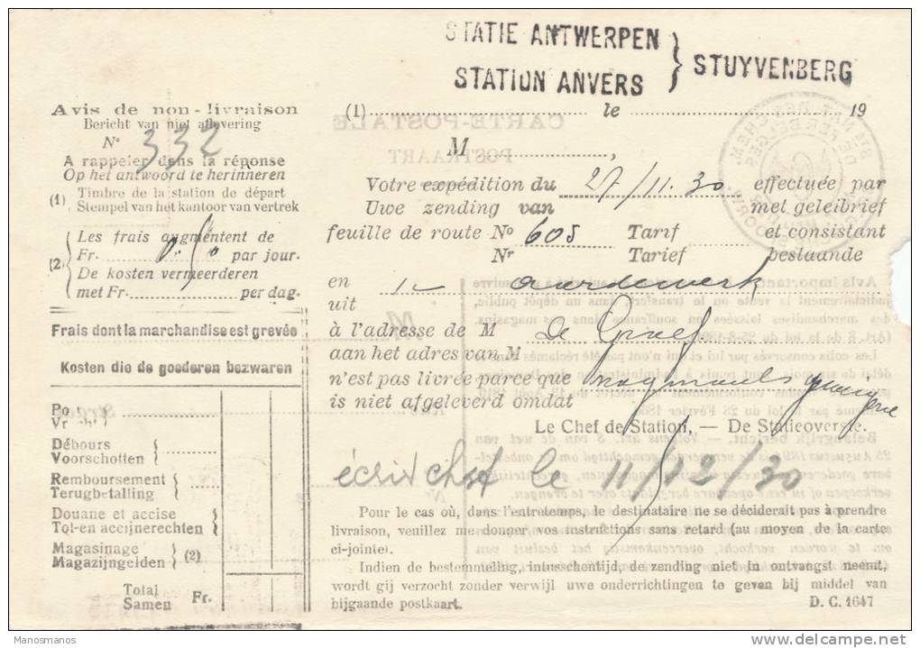 164/19 - Carte SNCB TP Service Houyoux Bicolore ANTWERPEN 1930 - Verso Griffe De Gare Station STUYVENBERG - Cartas & Documentos