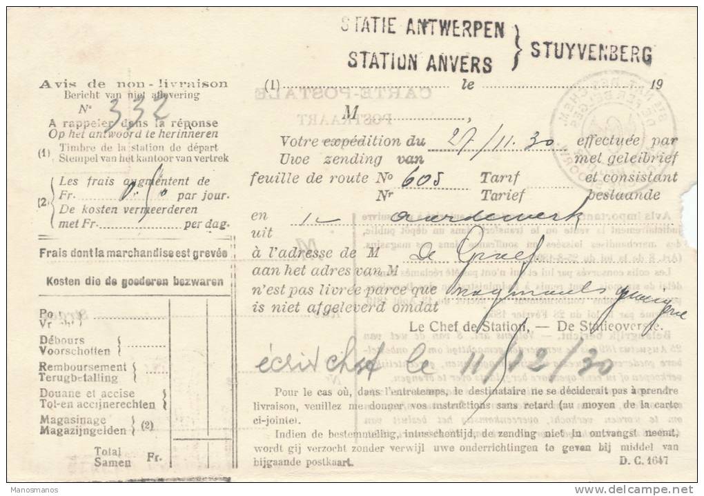 164/19 - Carte SNCB TP Service Houyoux Bicolore ANTWERPEN 1930 - Verso Griffe De Gare Station STUYVENBERG - Briefe U. Dokumente