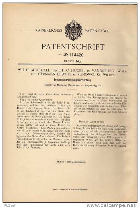 Original Patentschrift - W. Hückel In Vandsburg Und Runowo , Kr. Wirsitz , 1899 , Schornstein Reiniger, Wiecbork !! - Architectuur