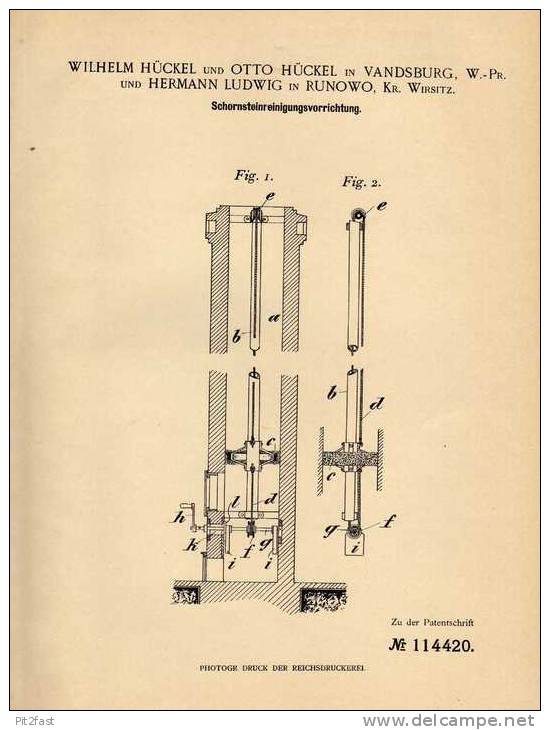 Original Patentschrift - W. Hückel In Vandsburg Und Runowo , Kr. Wirsitz , 1899 , Schornstein Reiniger, Wiecbork !! - Arquitectura