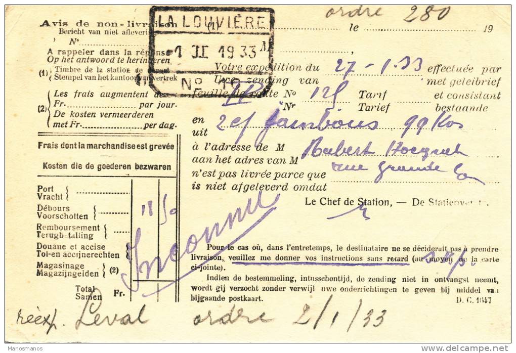 167/19 - Carte SNCB TP Service Lion Héraldique Tricolore LA LOUVIERE 1933 - Verso Gare De LA LOUVIERE - Storia Postale