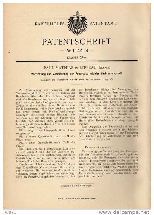 Original Patentschrift - P. Mathias In Leberau , Elsass , 1899 , Feuer - Luft Mischapparat , Ofen , Heizung !!! - Machines