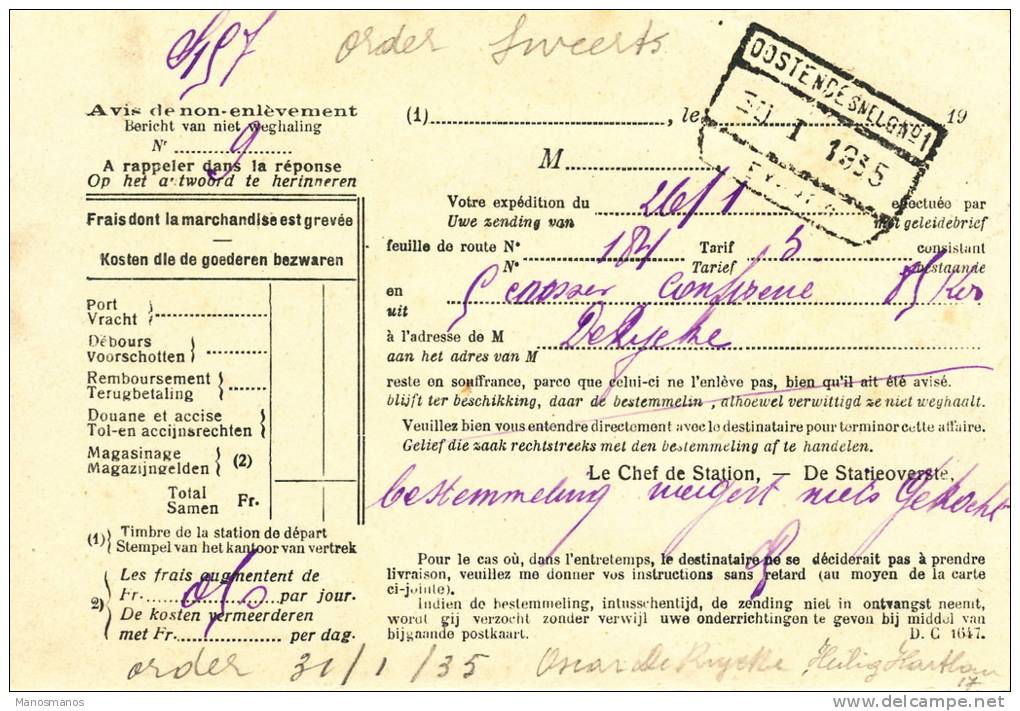 170/19 - Carte SNCB TP Service Lion Héraldique 50 C OOSTENDE 1935 - Au Verso Cachet De Gare OOSTENDE - Lettres & Documents