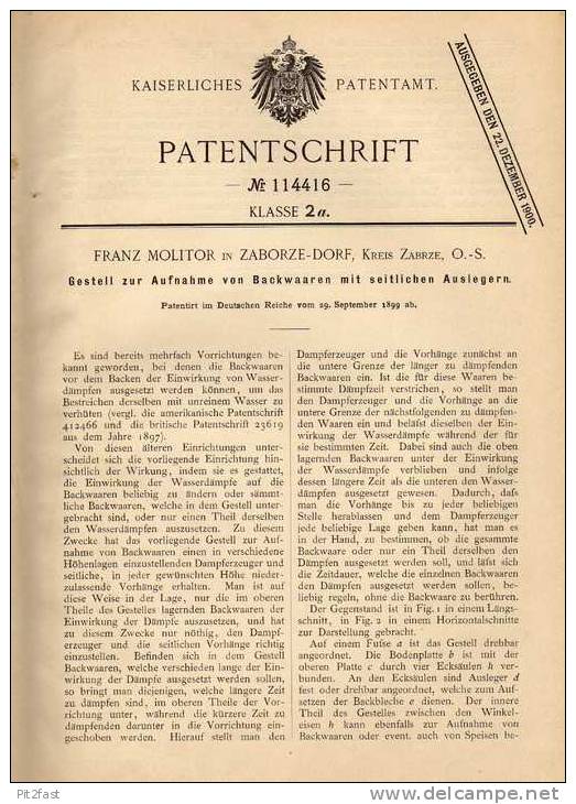 Original Patentschrift - F. Molitor In Zaborze , Kr. Zabrze , 1899, Schaufenster Gestell Für Bäckerei , Bäcker , Reklame - Sonstige & Ohne Zuordnung