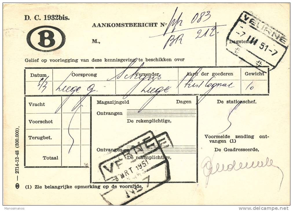 176/19 - Carte SNCB TP Service Petit Sceau 90 C VEURNE 1951 - Au Verso 2 X Cachet De Gare VEURNE - Brieven En Documenten