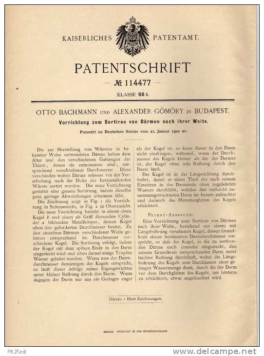 Original Patentschrift - A. Gömöry In Budapest , 1900, Sortierung Von Darm , Fleischerei , Fleischer !!! - Antike Werkzeuge