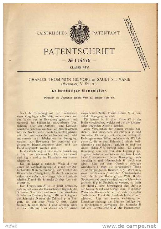 Original Patentschrift - C. Gilmore In Sault St. Marie , 1900 , Riemenleiter  !!! - Tools