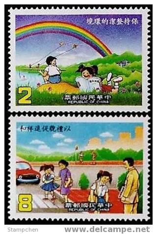 Taiwan 1986 Cleanliness & Courtesy Rainbow Kite Crosswalk Book Lake Car Kid Fishing - Unused Stamps