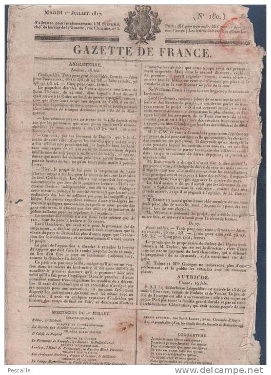 JOURNAL GAZETTE DE FRANCE 01 07 1817 - LONDRES HABEAS CORPUS - AUTRICHE - LYON - LIVRES - MODE - - 1800 - 1849