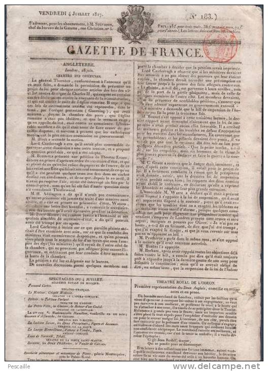 JOURNAL GAZETTE DE FRANCE 04 07 1817 - LONDRES - THEATRE ODEON - FRANCFORT - MME DE SULLY - CIRCULATION DES GRAINS - 1800 - 1849