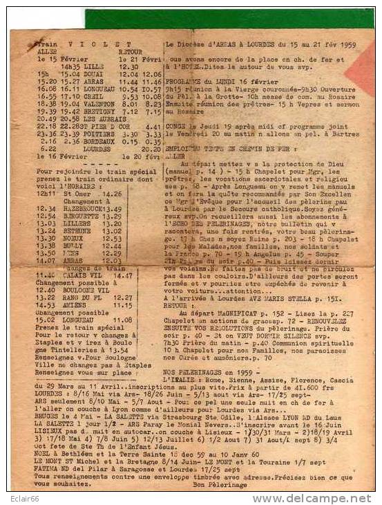 Lettre-diocèse D' ARRAS    -DOCUMENT De Pélerin-train Violet-année 1959  DATE ALLER ET RETOUR - Cheques En Traveller's Cheques