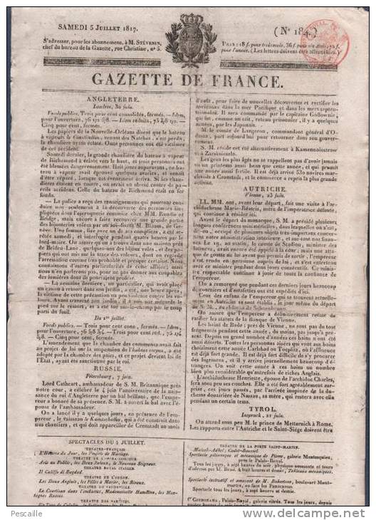 JOURNAL GAZETTE DE FRANCE 05 07 1817 - LONDRES - AUTRICHE - BAR LE DUC INCENDIE - THEORIE DES REVOLUTIONS - 1800 - 1849