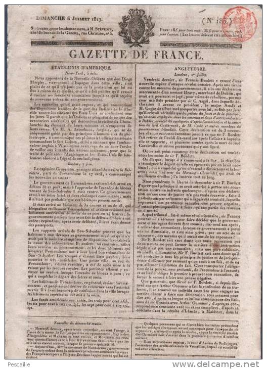 JOURNAL GAZETTE DE FRANCE 06 07 1817 - NEW YORK - SAN SALVADOR - LONDRES IRLANDE - MALAGA - AUTRICHE - SAINT ANDEOL - 1800 - 1849