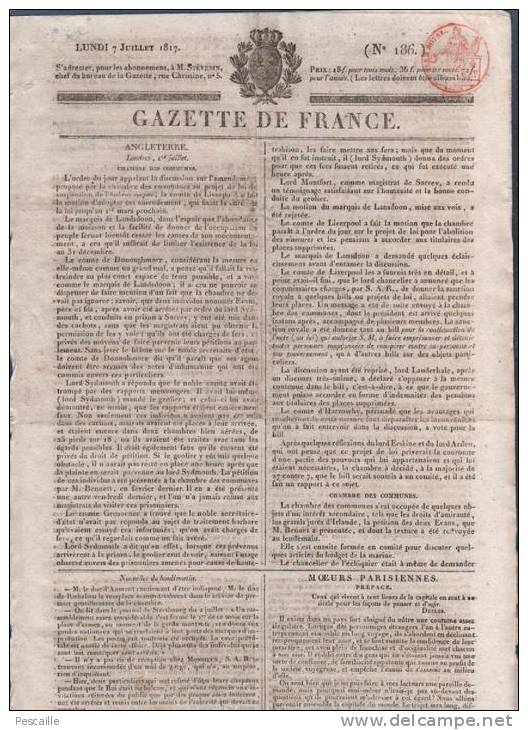 JOURNAL GAZETTE DE FRANCE 07 07 1817 - LONDRES - MOEURS PARISIENNES - TOULOUSE - MEDECINE SANG - THEATRE DU VAUDEVILLE - 1800 - 1849