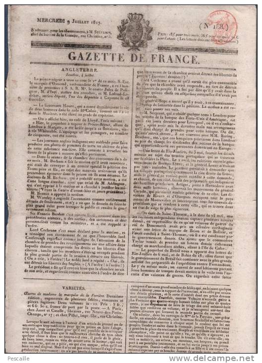 JOURNAL GAZETTE DE FRANCE 09 07 1817 - LONDRES - MARQUISE DE LA FERRIERE - TURQUIE - MADRID - CHARNAY - PEINTRE GERARD - 1800 - 1849