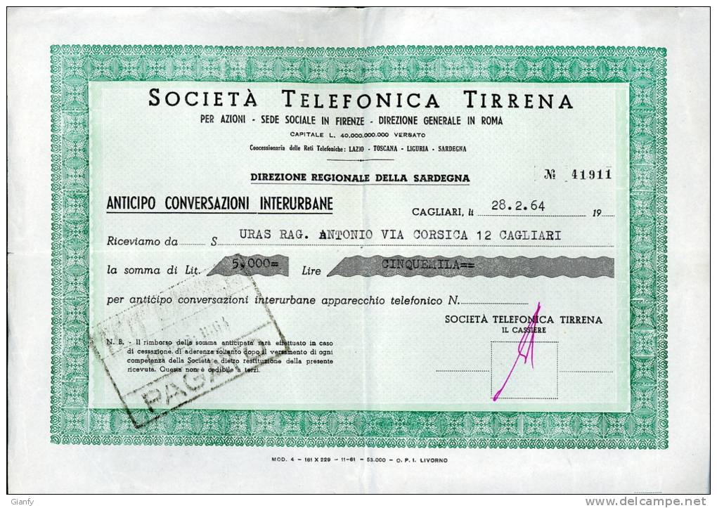 SOCIETA TELEFONICA TIRRENA TE.TI. CAGLIARI LIRE 5.000 1964 - Industrie