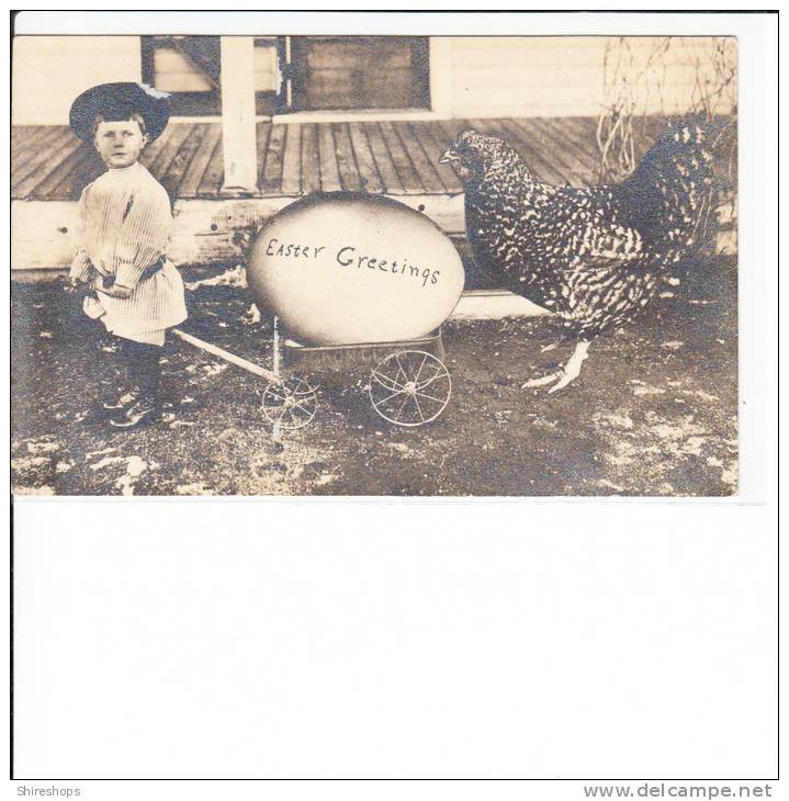 Photo Boy With Wheelbarrow Huge Egg Chicken Browning Littleton Colorado Postmark - Easter