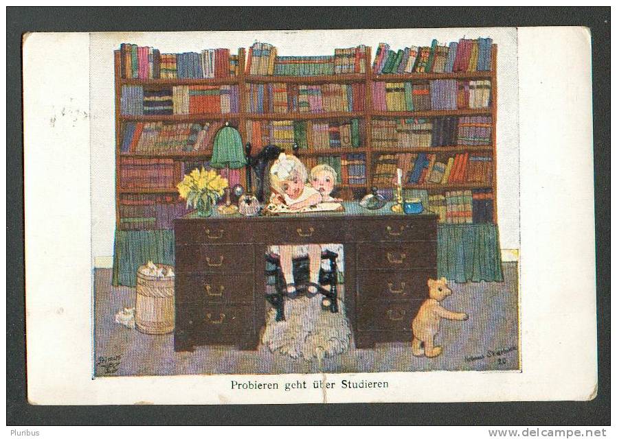 CHILDREN WITH TEDDY BEAR IN LIBRARY , SIGNED BY SKARBINA,  OLD POSTCARD - Skarbina, Helmut