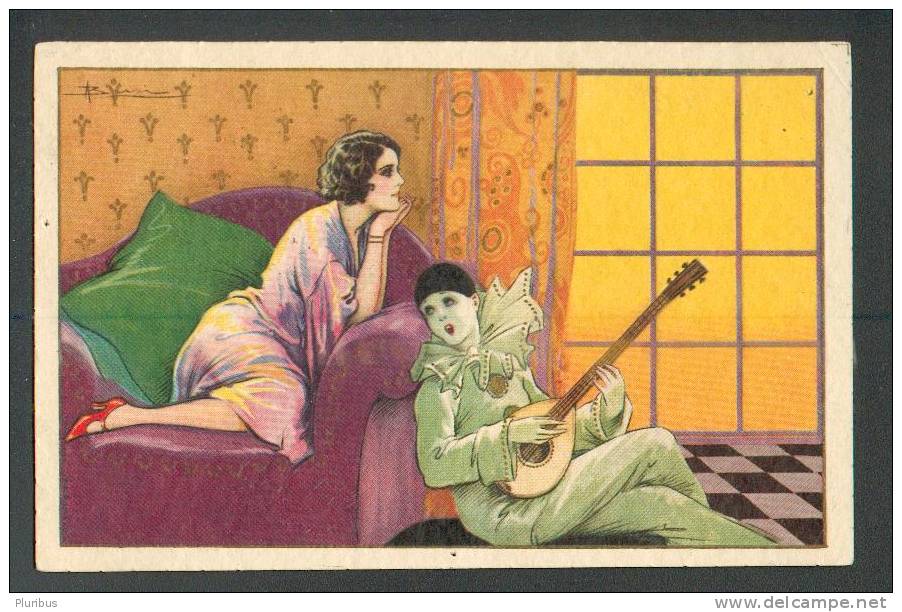 ART DECO , LADY WITH  PIERROT  PLAYING MANDOLINE , CLOWN  , SIGNED  BUSI,  OLD POSTCARD - Busi, Adolfo