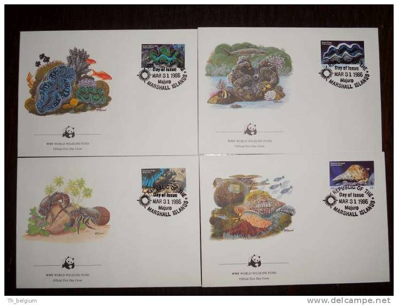WWF Marshall Islands 1986  4 FDC's - Triton's Trumpet , Giant Clam , Small Giant Clam , Coconut Crab - FDC